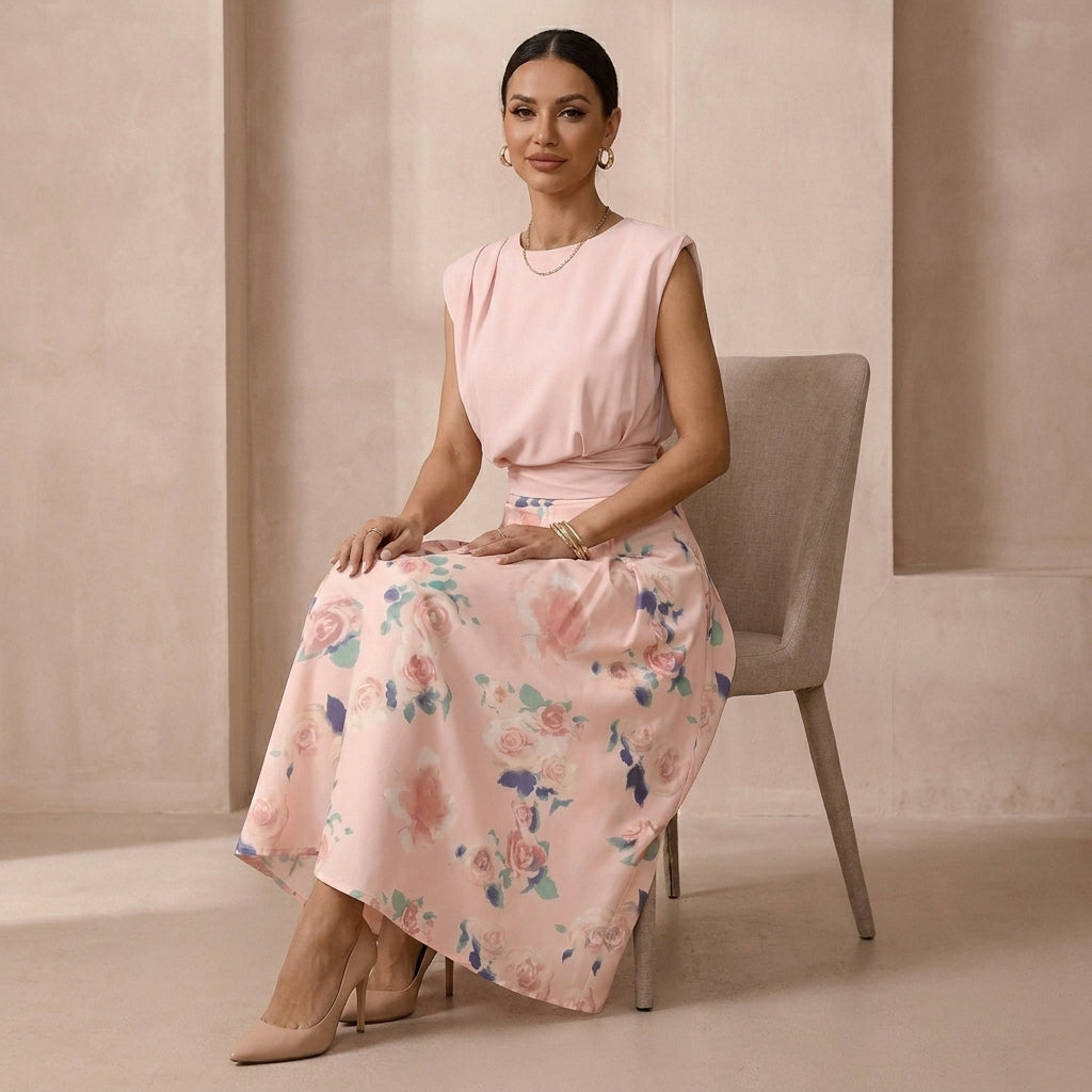 Duttini | Graceful Two-Piece Set With Round Neck Top And Pleated Midi Skirt