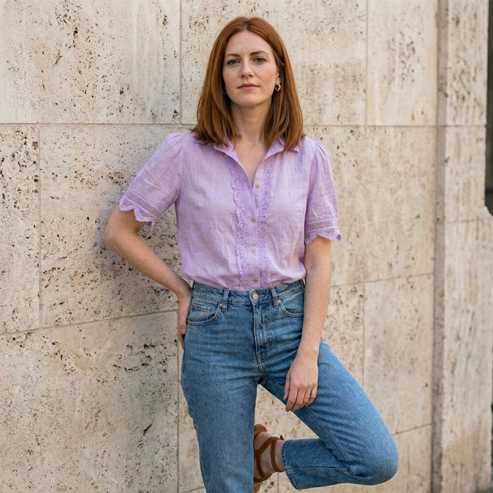 Duttini | Sophisticated Lace Trim Button-Front Romantic Blouse