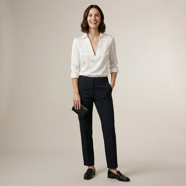 Duttini | Effortless Tailored V-Neck Blouse With Spread Collar And Lustrous Finish
