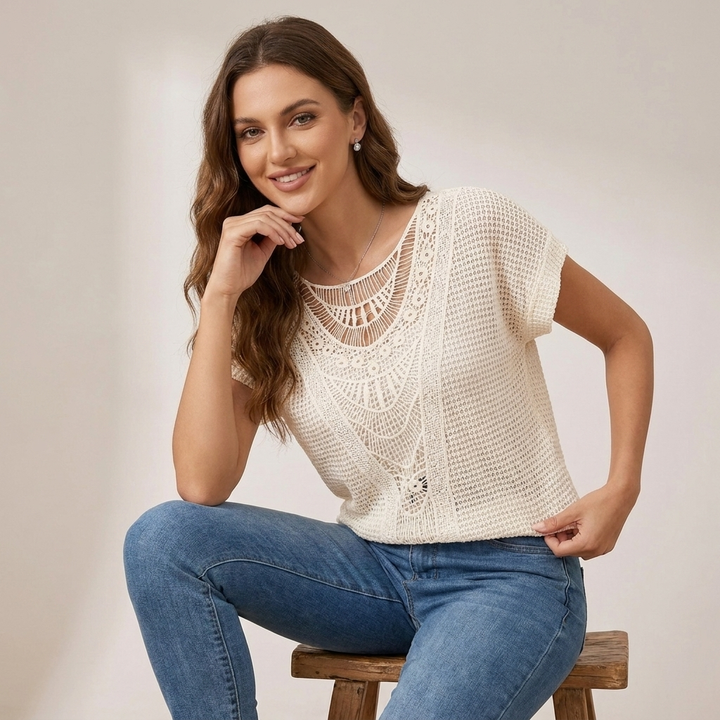Duttini | Graceful Relaxed Waffle-Knit Blouse With Intricate Openwork Bib