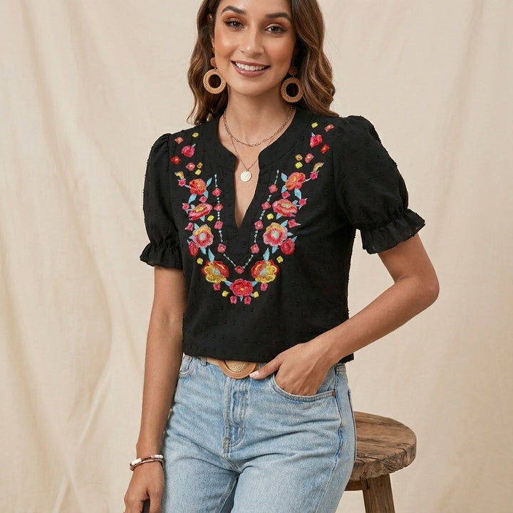 Duttini | Graceful Embroidered Floral Notch Neckline Blouse With Puff Sleeve Detail