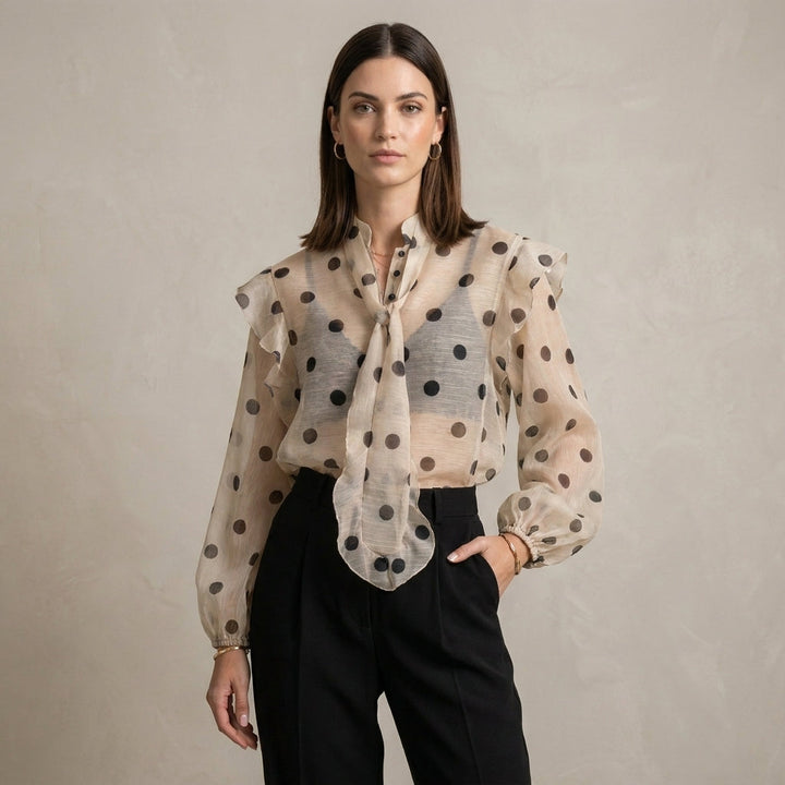 Duttini | Statement Sheer Polka Dot Blouse With Statement Tie Neck And Ruffle Details