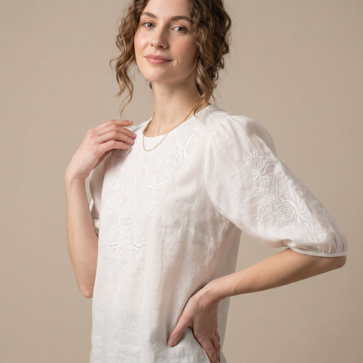Duttini | Statement Relaxed Woven Top With Intricate Floral Embroidery And Puff Sleeves