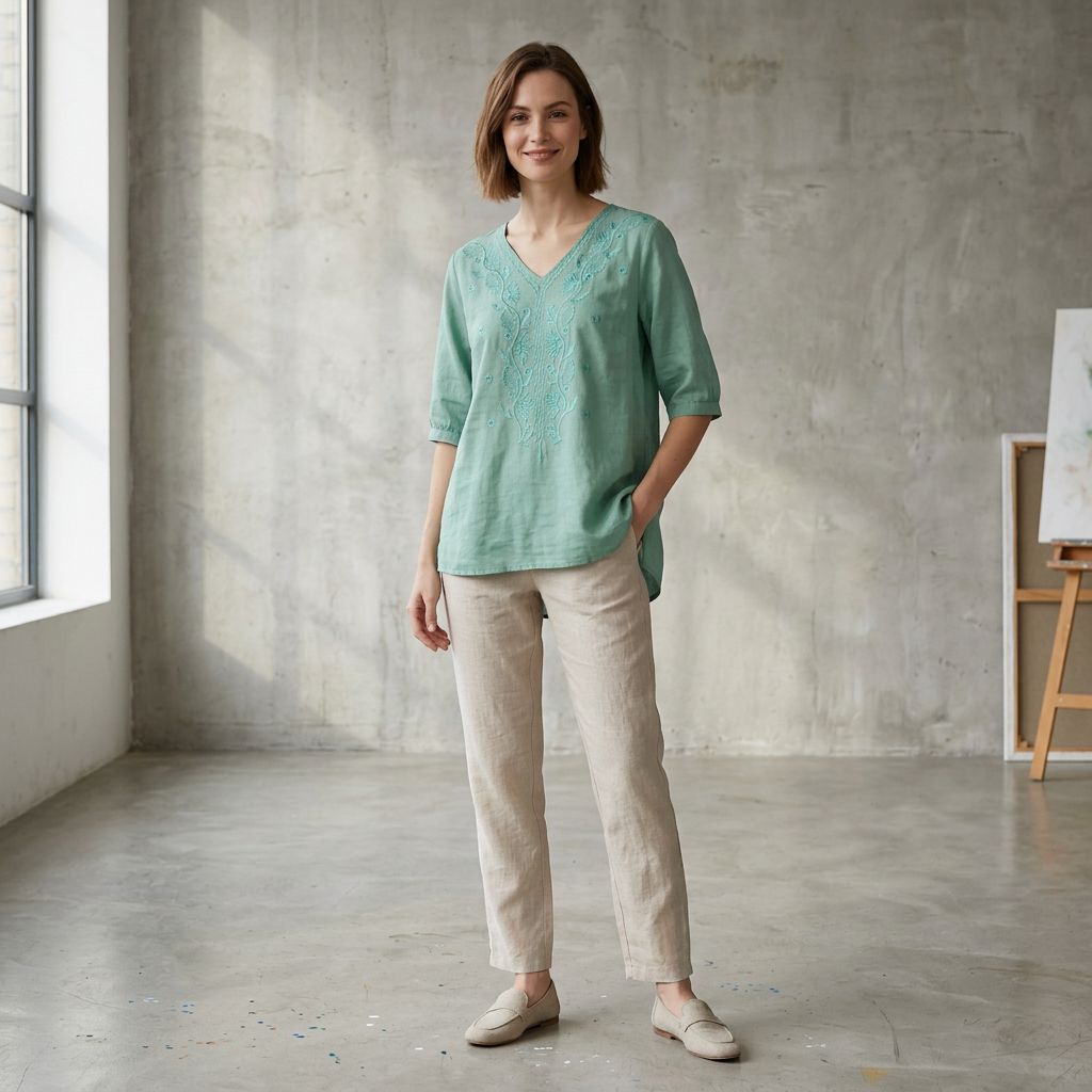 Duttini | Refined Relaxed V-Neck Blouse With Embroidered Floral Accents And High-Low Hem