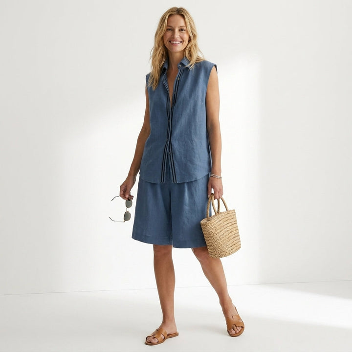 Duttini | Elegant Relaxed Sleeveless Button-Up Shirt And Wide-Leg Pleated Shorts Set