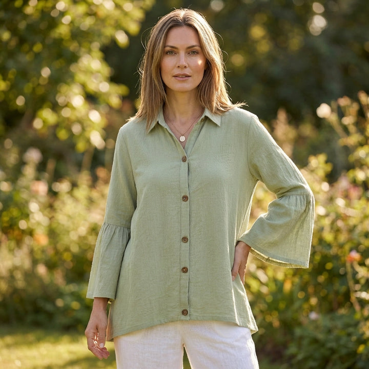 Duttini | Feminine Relaxed Fit Textured Button-Down Blouse With Flared Bell Sleeves