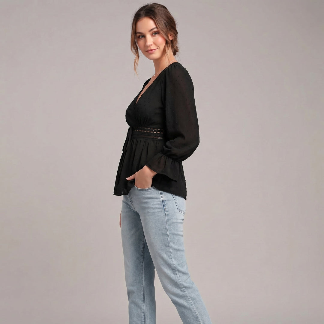 Duttini | Romantic V-Neck Wrap Blouse With Lace Detailing And Ruffled Sleeves