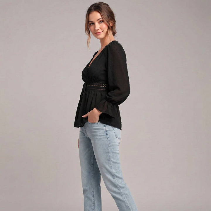 Duttini | Romantic V-Neck Wrap Blouse With Lace Detailing And Ruffled Sleeves