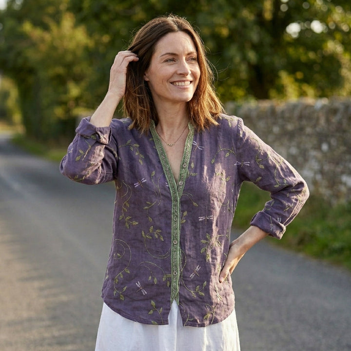 Duttini | Sophisticated Botanical Print Relaxed Blouse With Embroidered V-Neck Detail