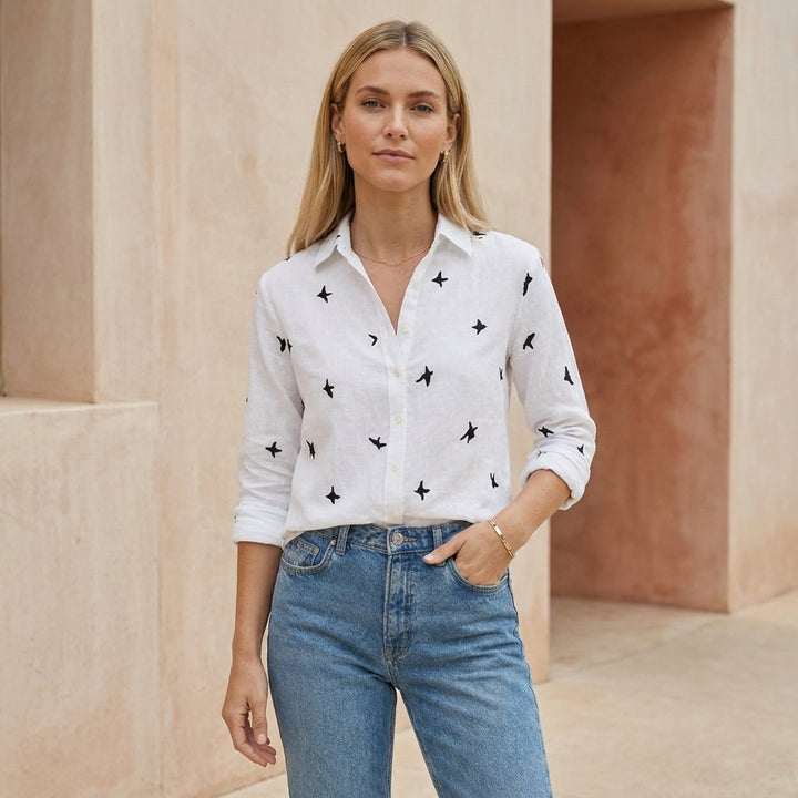 Duttini | Romantic Relaxed Collared Button-Down Blouse With Whimsical Print And Soft Woven Texture