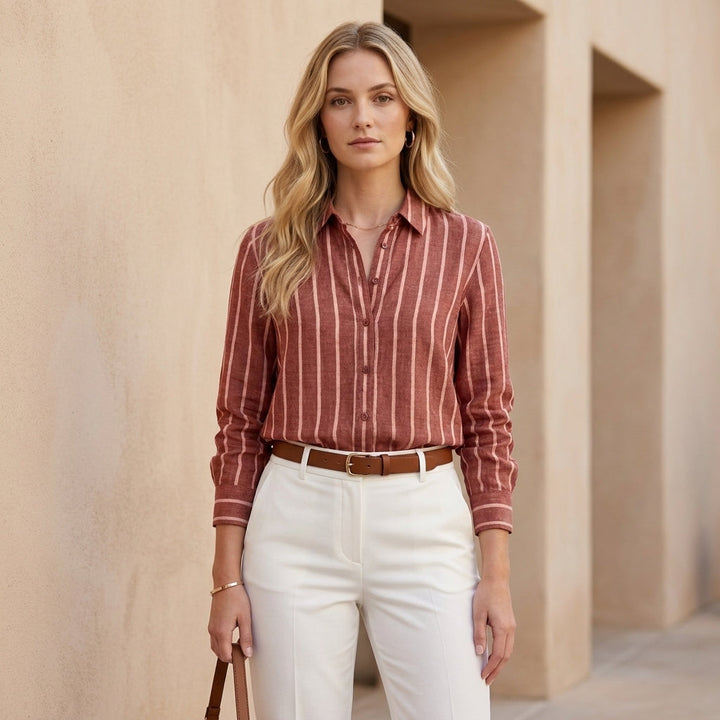 Duttini | Chic Relaxed Fit Woven Blouse With Stand Collar And Vertical Stripes