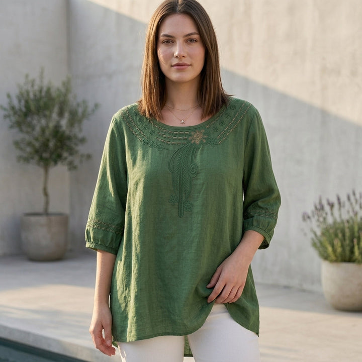 Duttini | Sculpted Bohemian-Inspired Relaxed Blouse With Eyelet Embroidery And 3/4 Sleeves