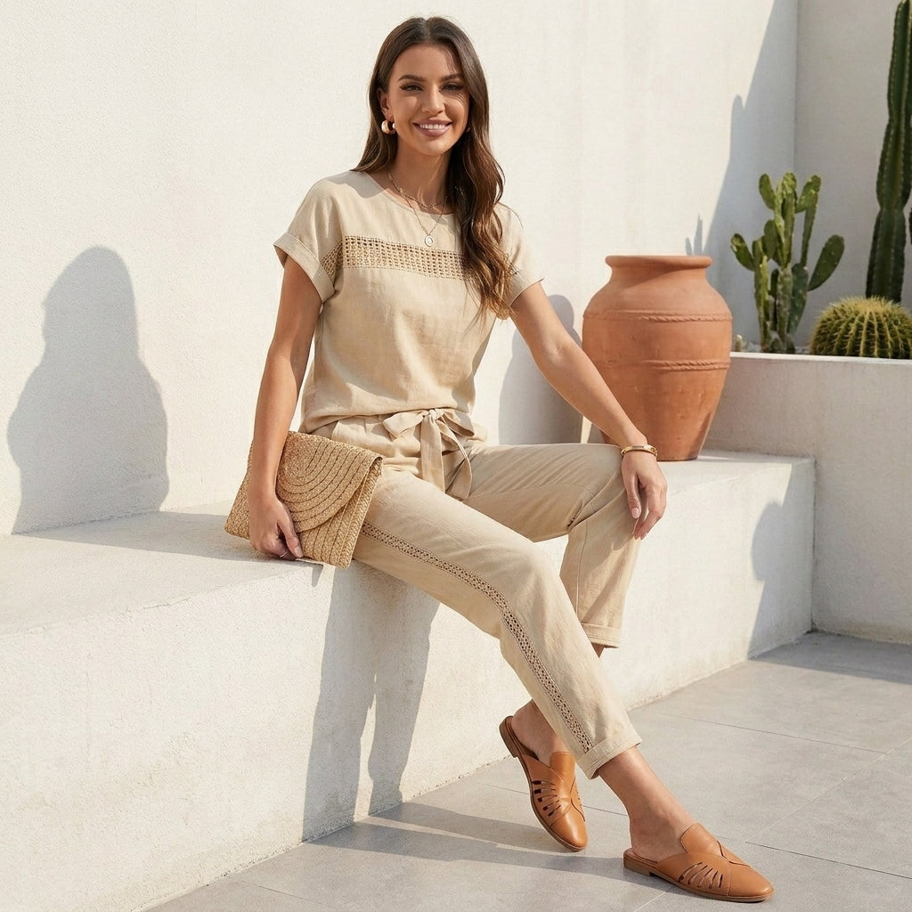 Duttini | Lightweight Woven Two-Piece Set With Mesh Accents And Self-Tie Waist