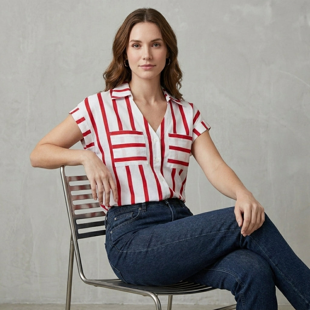 Duttini | Timeless Harbor Breeze Striped Relaxed Button-Front Blouse