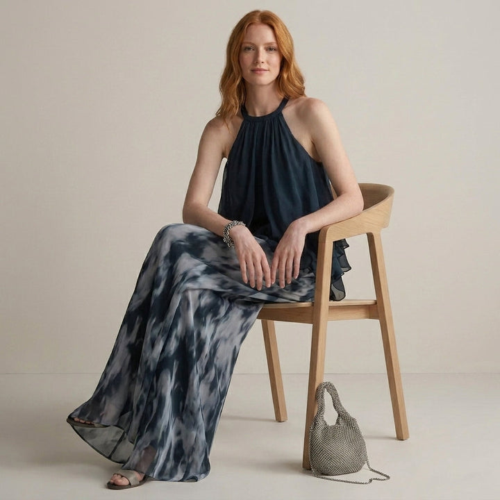 Duttini | Modern Midnight Mist Halter Blouse And Flowing Pant Set