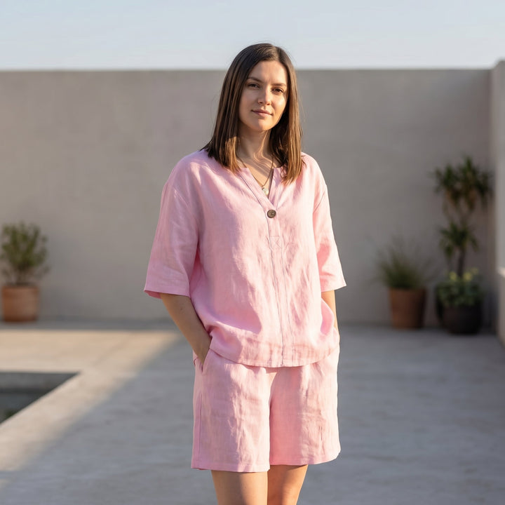 Duttini | Luxe Oversized Woven Two-Piece Set With V-Neck Shirt And High-Waist Shorts