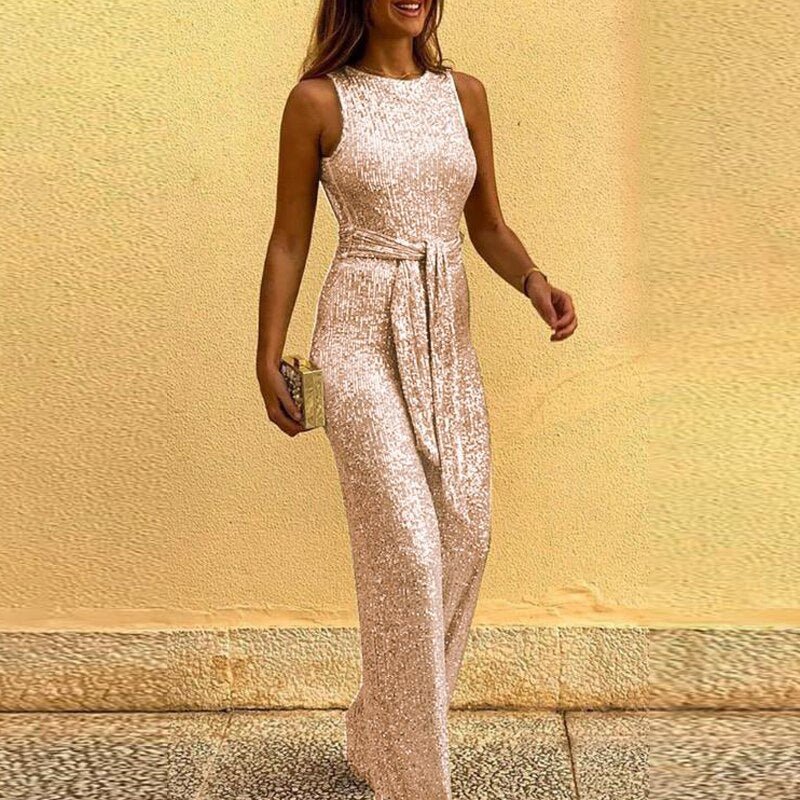 Duttini | Sequin Sleeveless Wide-Leg Jumpsuit with Waist Tie