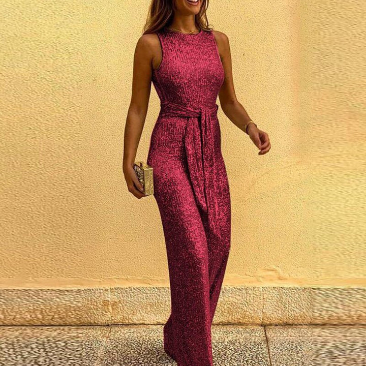 Duttini | Sequin Sleeveless Wide-Leg Jumpsuit with Waist Tie