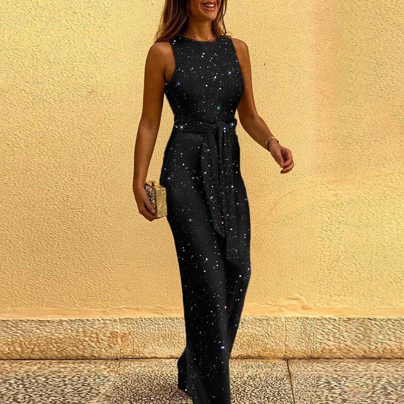Duttini | Sequin Sleeveless Wide-Leg Jumpsuit with Waist Tie