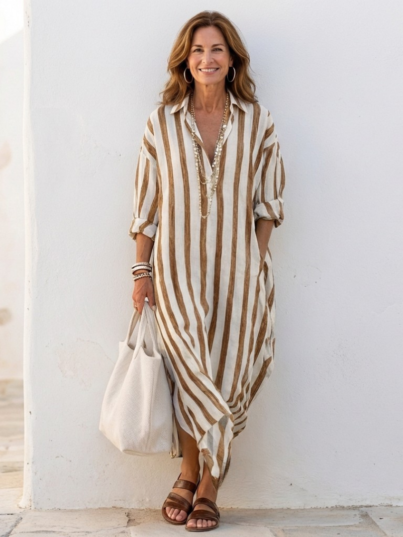 Duttini | Graceful Long Sleeve Striped Midi Shirt Dress