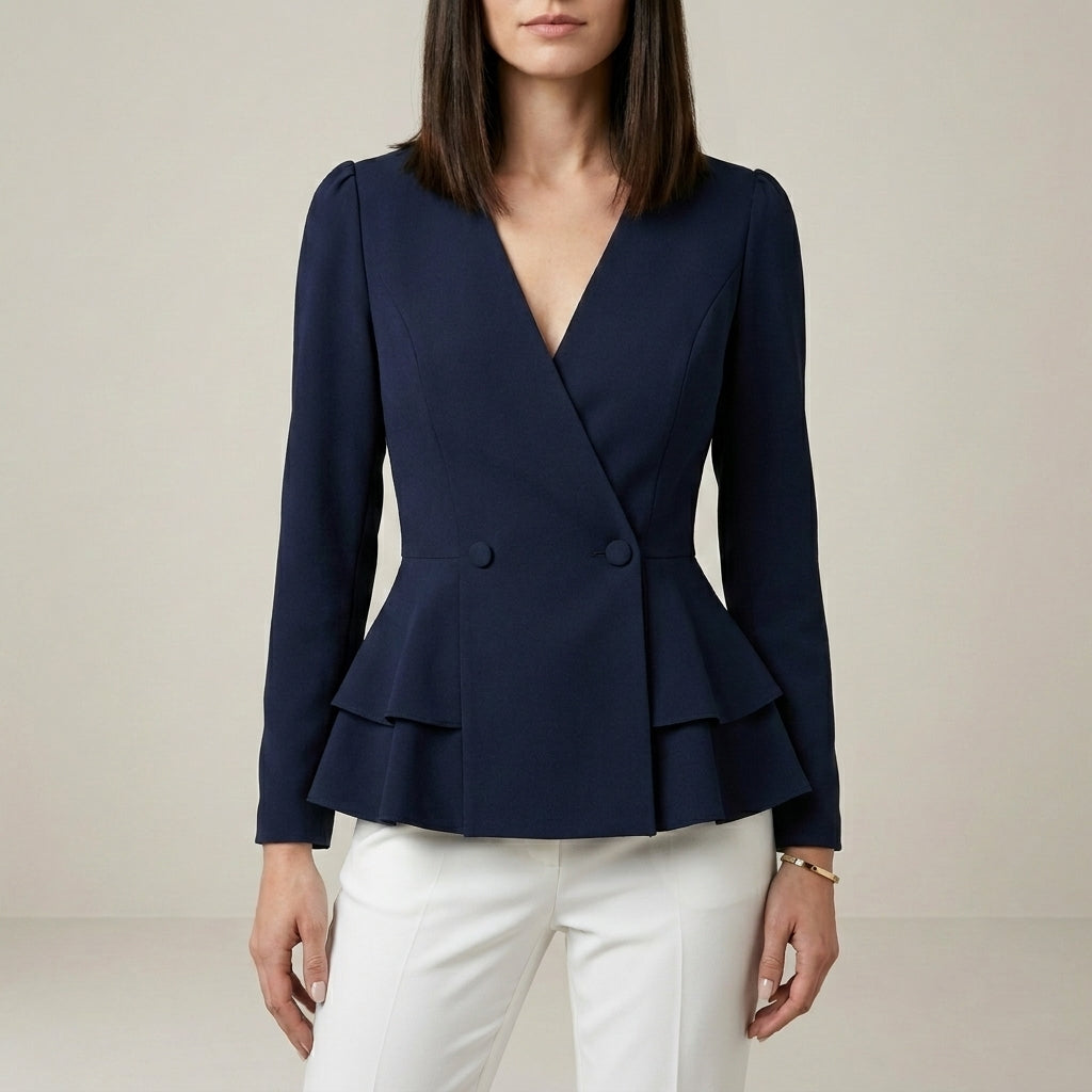 Duttini | Sculpted Tailored Peplum Wrap Blouse With Statement Sleeves