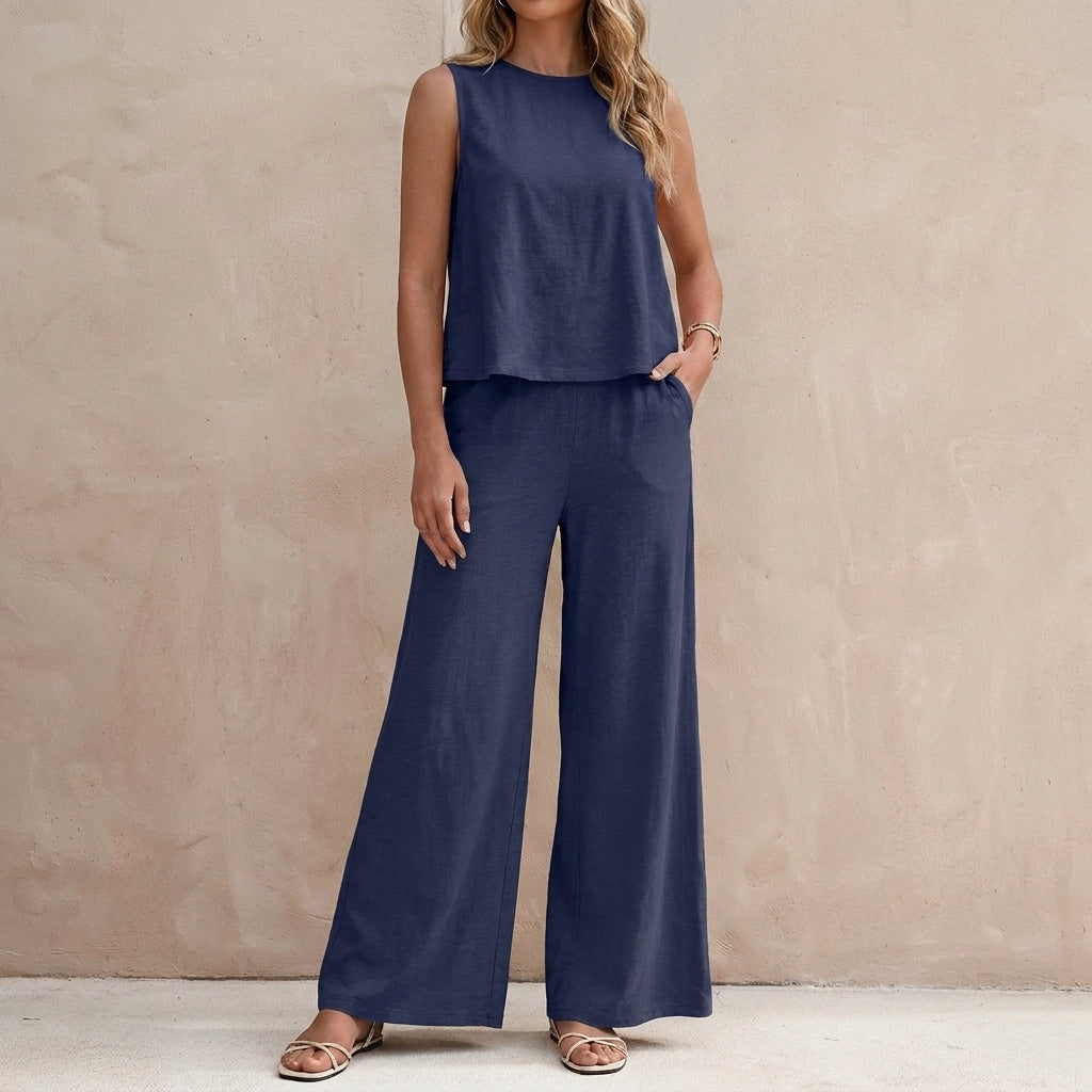 Duttini | Graceful Sunlit Sleeveless Two-Piece Set With Flowing Wide-Leg Pants