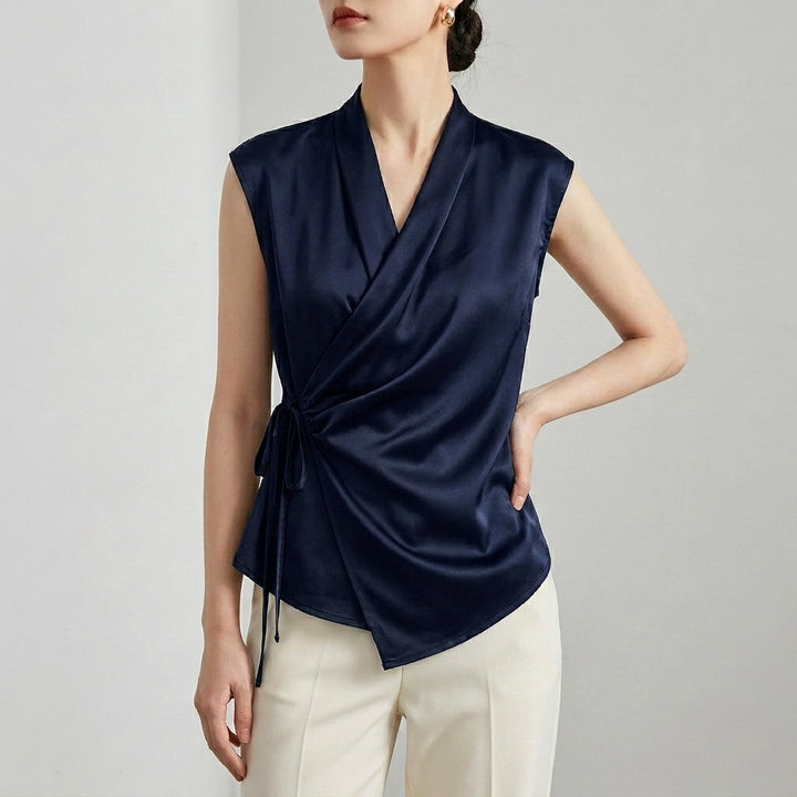 Duttini | Refined Tailored Sleeveless Wrap Blouse With Pleated Draping And Side Tie Closure
