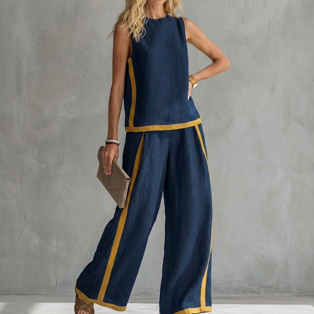 Duttini | Timeless Contemporary Sleeveless Two-Piece Set With Wide-Leg Trousers And Contrast Trim