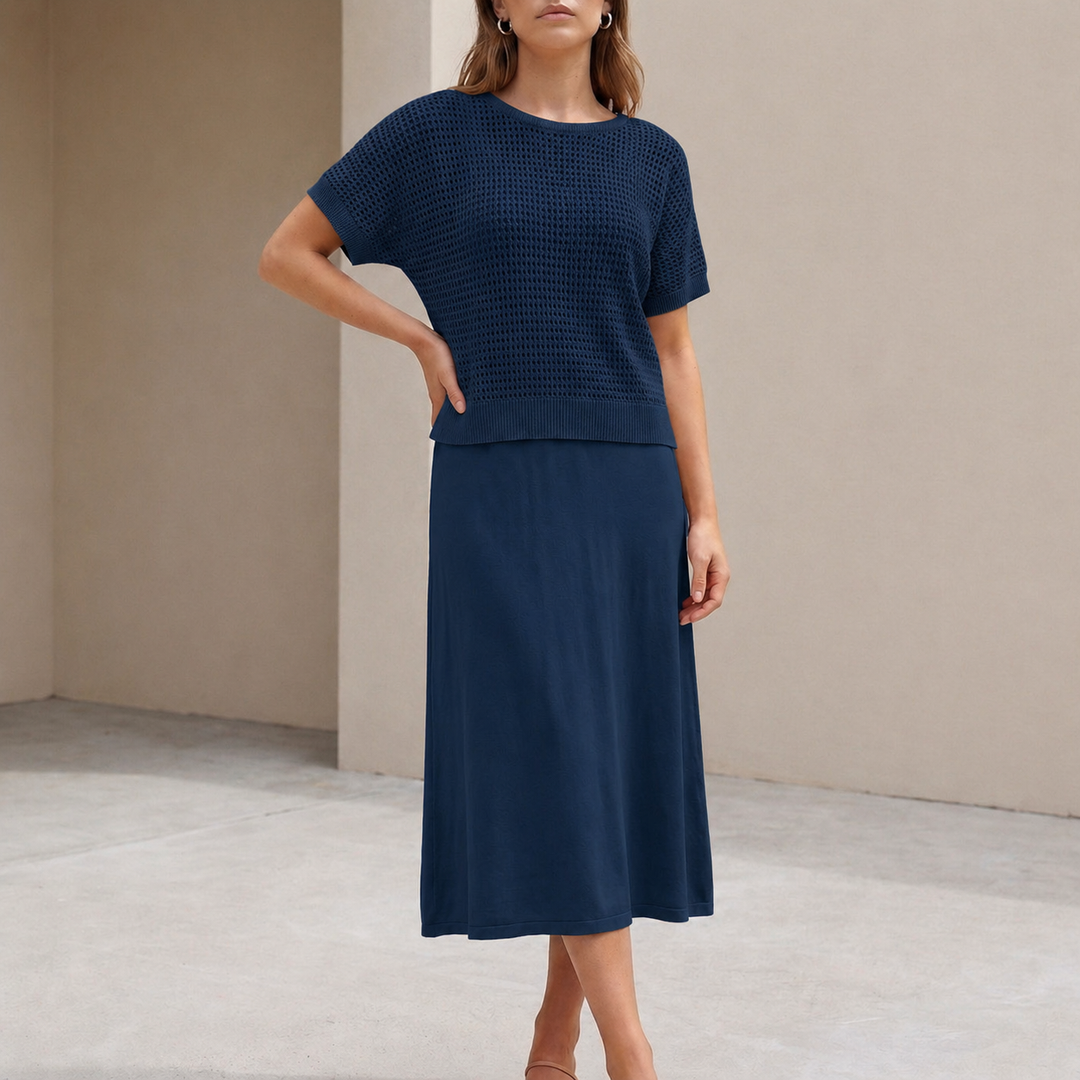 Duttini | Flowing Midi Dress And Cropped Open-Knit Mesh Top Set