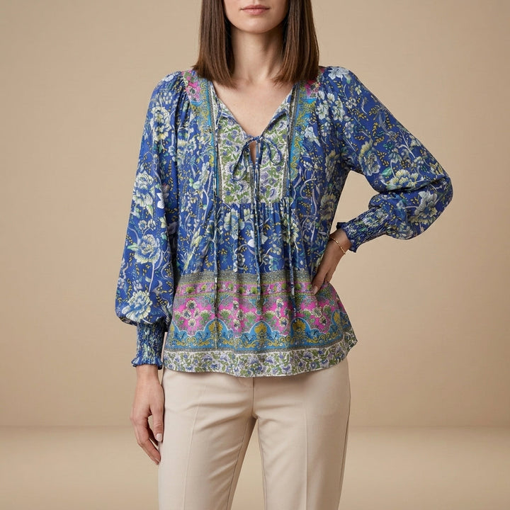 Duttini | Flowing Bohemian Floral Patchwork Peasant Blouse With Tassel Tie Neck