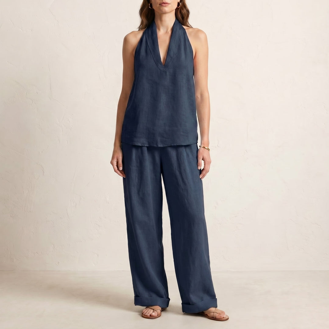 Duttini | Flowing Relaxed Two-Piece Halter V-Neck Set With Wide-Leg Pants