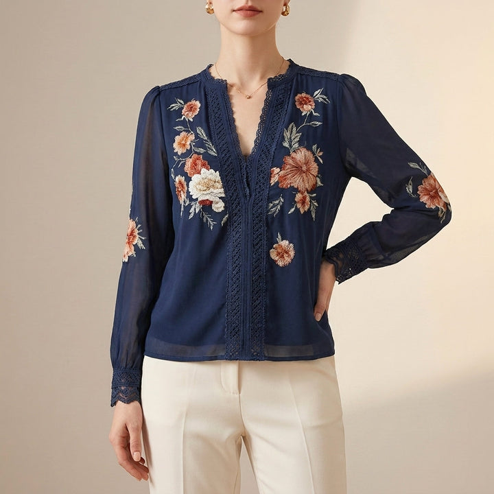 Duttini | Flowing V-Neck Floral Blouse With Delicate Lace Trim And Sheer Sleeves