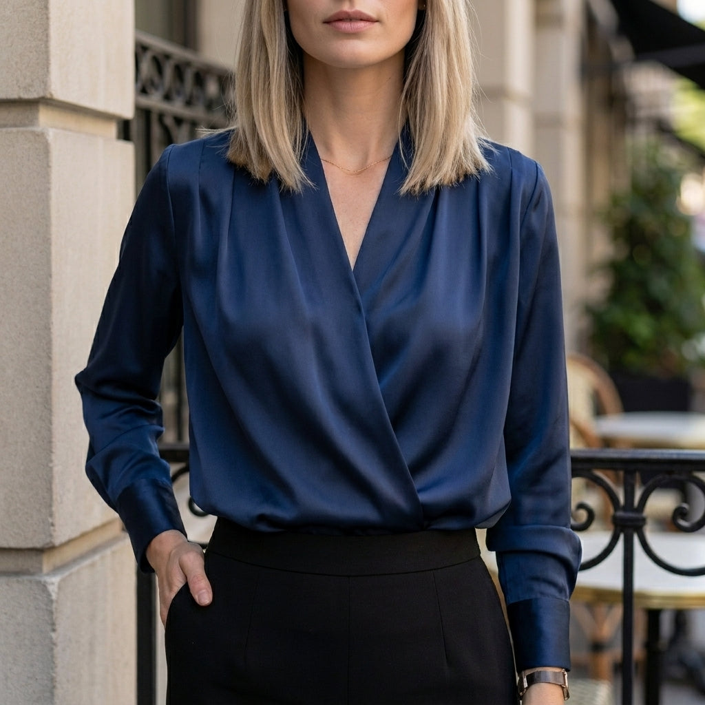 Duttini | Elegant Minimalist V-Neck Blouse With Relaxed Long Sleeves