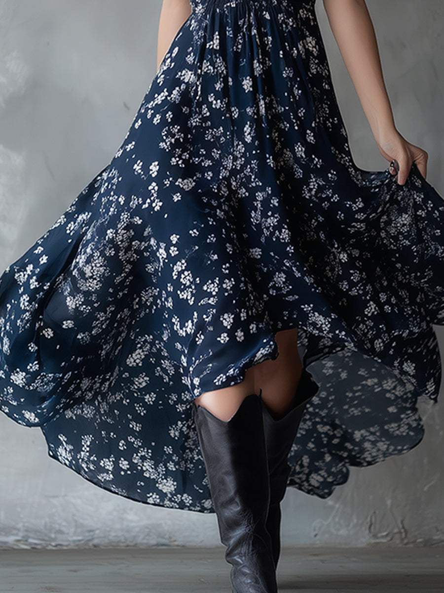 Duttini | Navy Blue Chiffon Floral Dress
