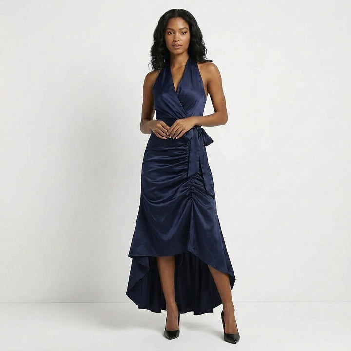 Duttini | Flowing Satin Halter Neck Wrap Maxi Dress With Bow Tie Waist And Ruffled Hem