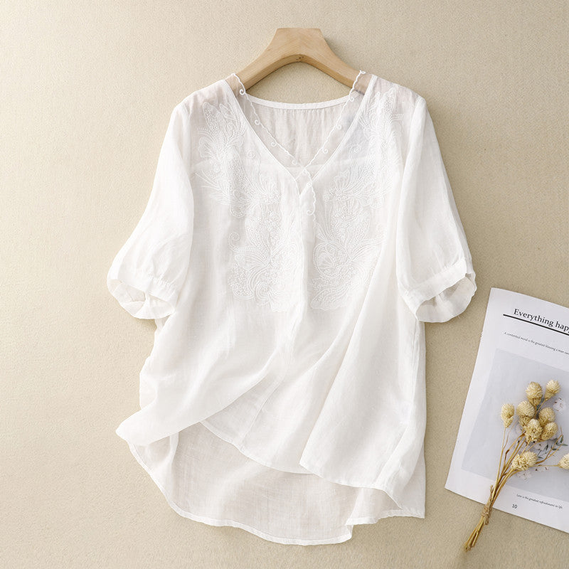 Duttini | Statement Embroidered V-Neck Linen Blend Short Sleeve Blouse