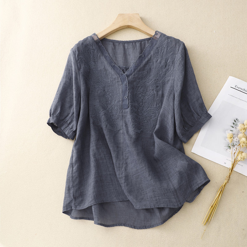 Duttini | Statement Embroidered V-Neck Linen Blend Short Sleeve Blouse