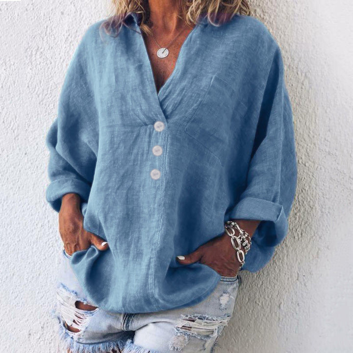 Duttini | Modern V-Neck Oversized Top Long Sleeve Button