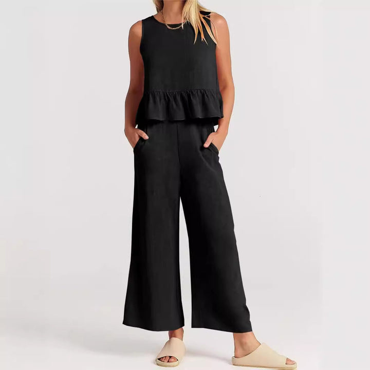 Duttini | Sculpted Breezy Linen Blend Peplum Top And Wide-Leg Pant Set