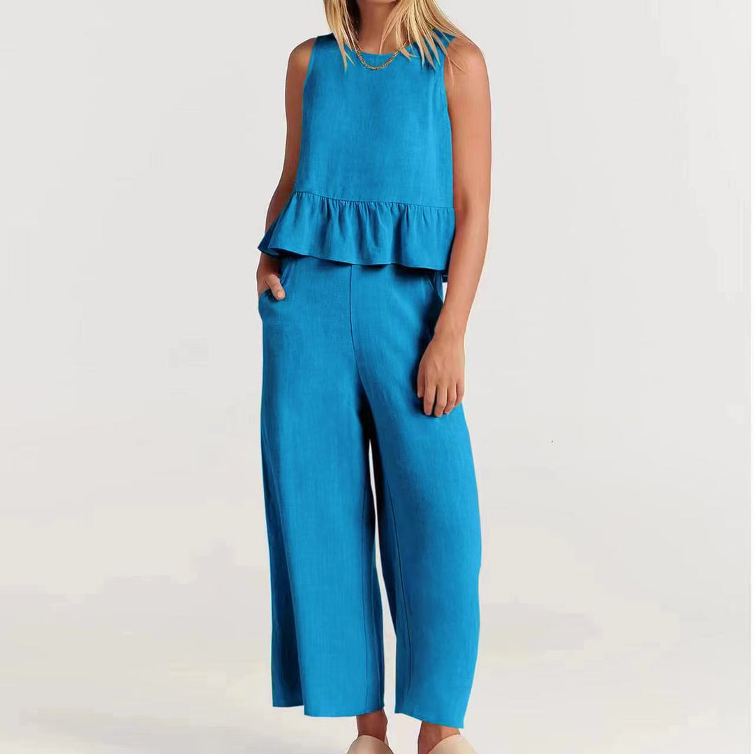 Duttini | Sculpted Breezy Linen Blend Peplum Top And Wide-Leg Pant Set