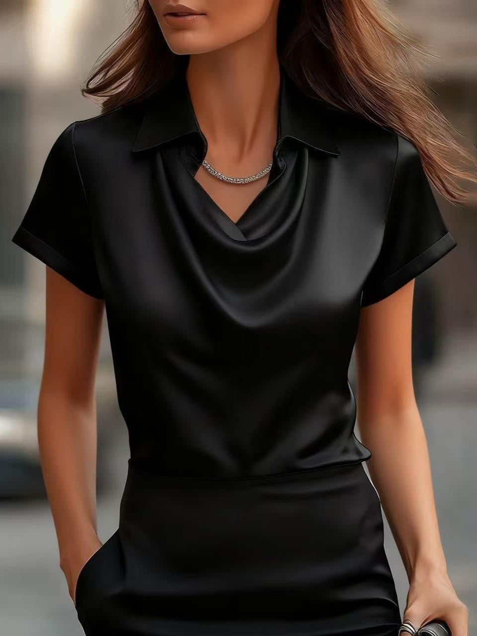Duttini | Elegant Satin Blouse With Draped Cowl Neck And Cuffed Sleeves