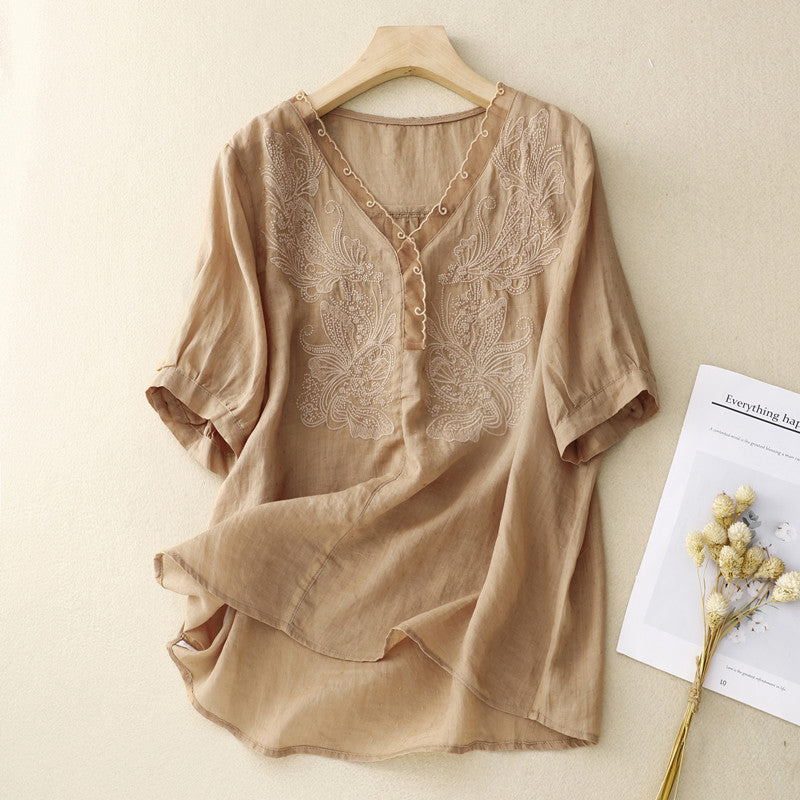 Duttini | Statement Embroidered V-Neck Linen Blend Short Sleeve Blouse