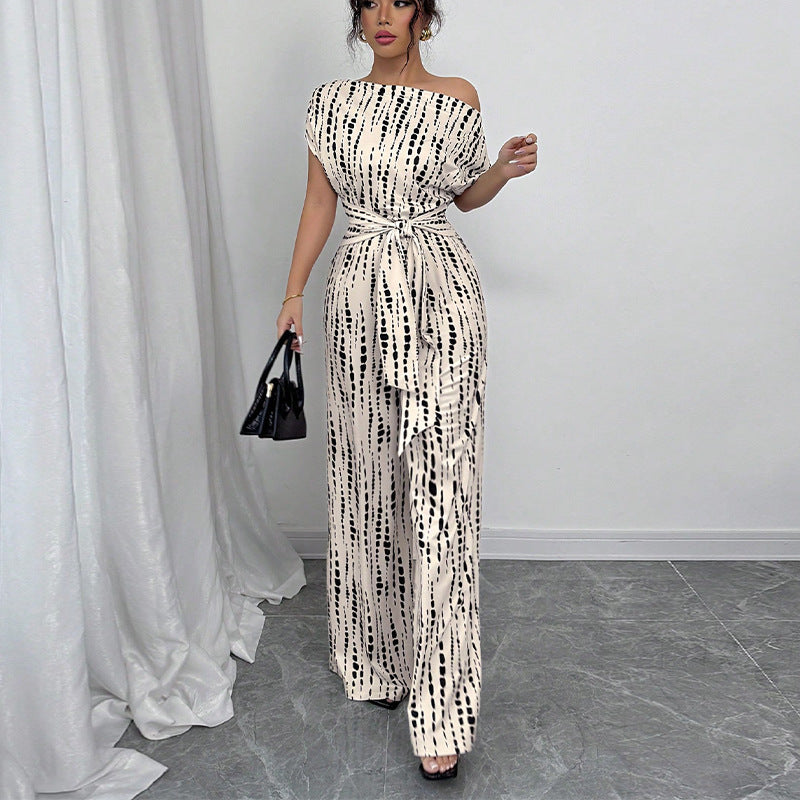 Duttini | Graceful Printed Wide Leg Jumpsuit One Shoulder Belted