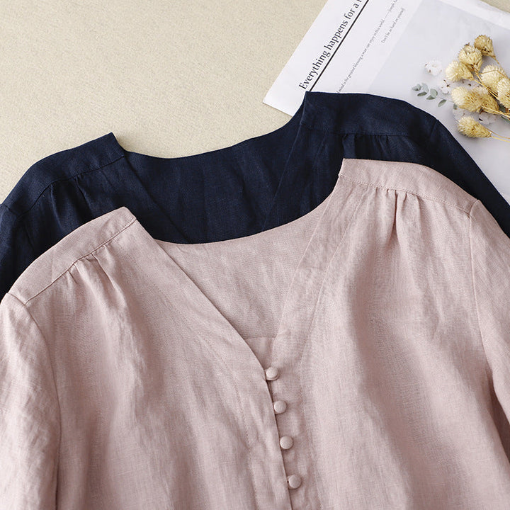 Duttini | Sculpted Relaxed Linen-Texture V-Neck Blouse With Delicate Button Detail