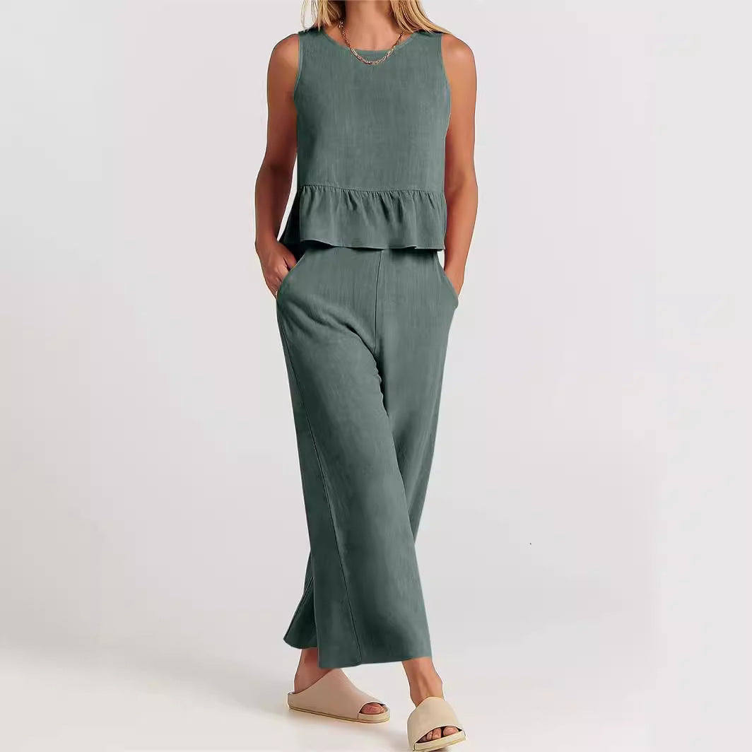 Duttini | Sculpted Breezy Linen Blend Peplum Top And Wide-Leg Pant Set