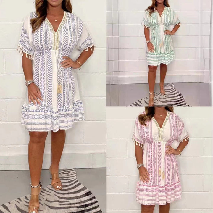 Duttini | Boho Print Mini Dress V-Neck Tassel Summer for Every Occasion