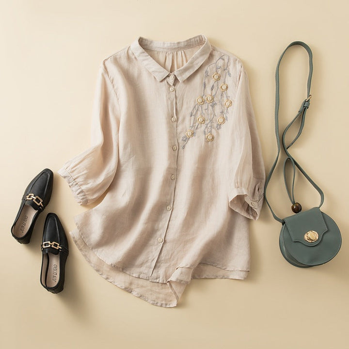 Duttini | Graceful Embroidered Linen Blend Button-Up Blouse With Curved Hem