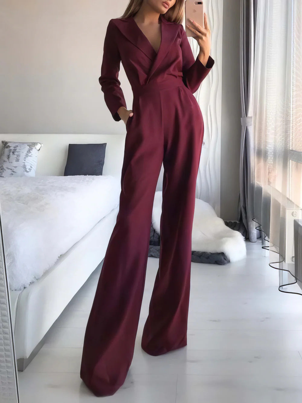 Duttini | Long Sleeve Wide-Leg Jumpsuit, V-Neckline