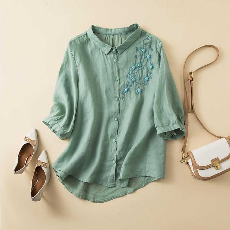 Duttini | Graceful Embroidered Linen Blend Button-Up Blouse With Curved Hem