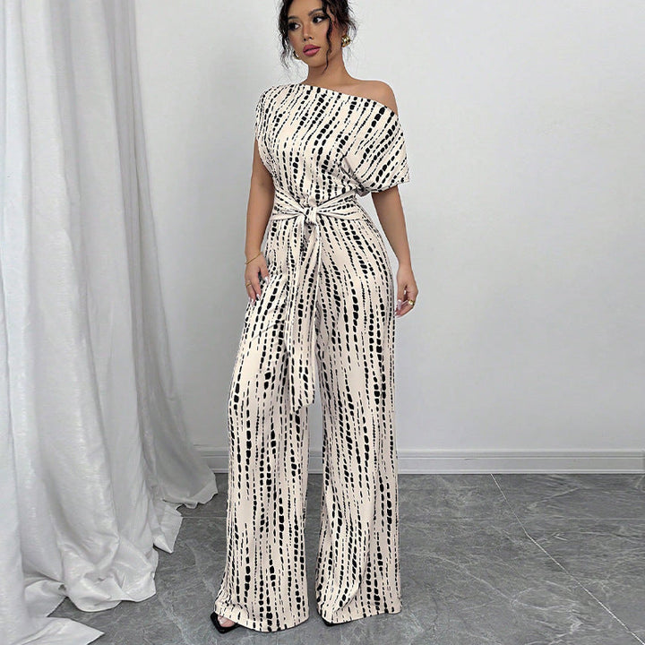 Duttini | Graceful Printed Wide Leg Jumpsuit One Shoulder Belted